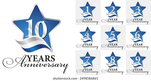 Set of Anniversary vector creative design star emblems with ribbon and silver numbers blue color on white background for celebration event, invitation, greeting, template, leaflet and booklet