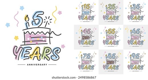 Set of Anniversary vector creative design greetings. Handwritten colorful numbers with cake, candle, sparkler and confetti for celebration birthday, event, invitation, greeting, template, leaflet and 