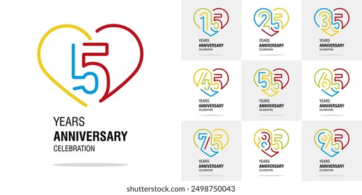 Set of Anniversary vector creative design greetings. Colorful line art heart shape emblems with numbers for celebration event, invitation, greeting, template, leaflet