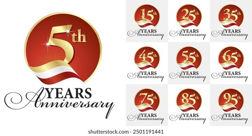 Set of Anniversary vector creative design circle emblems with ribbon and golden numbers red color on white background for celebration event, invitation, greeting, web template, leaflet and booklet