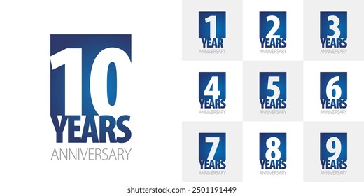 Set of Anniversary vector creative design emblems with negative space numbers blue color on white background for celebration event, invitation, greeting, web template, leaflet