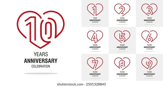 Set of Anniversary vector creative design. Red line art heart shape emblems with numbers for celebration event, invitation, greeting, template, leaflet