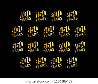 Set Of Anniversary Vector Cursive Numbers.  Birthday Celebration Logo Collection. Golden Years Signs On Black Background. Vector Illustration.