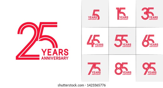 Set of Anniversary vector design with multiple line number red color for celebration event, invitation, greeting, web template, leaflet and booklet