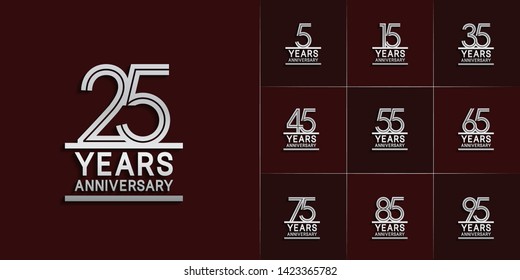 Set of Anniversary vector design with multiple line number silver color for celebration event, invitation, greeting, web template, leaflet and booklet