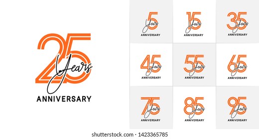 Set of Anniversary vector design with multiple line number orange color for celebration event, invitation, greeting, web template, leaflet and booklet