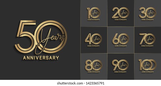 Set of Anniversary vector design with multiple line number golden color for celebration event, invitation, greeting, web template, leaflet and booklet