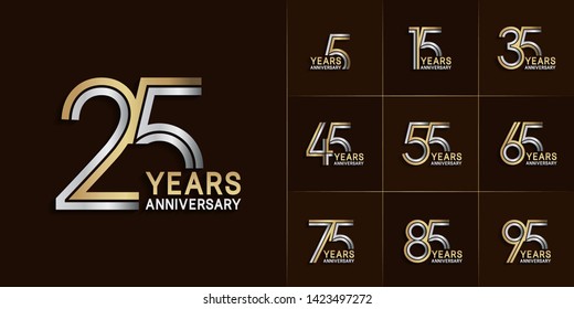 Set of Anniversary vector design with multiple line number silver and golden color for celebration event, invitation, greeting, web template, leaflet and booklet
