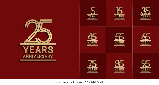 Set of Anniversary vector design with multiple line number golden color for celebration event, invitation, greeting, web template, leaflet and booklet