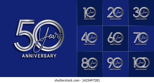 Set of Anniversary vector design with multiple line number silver color for celebration event, invitation, greeting, web template, leaflet and booklet