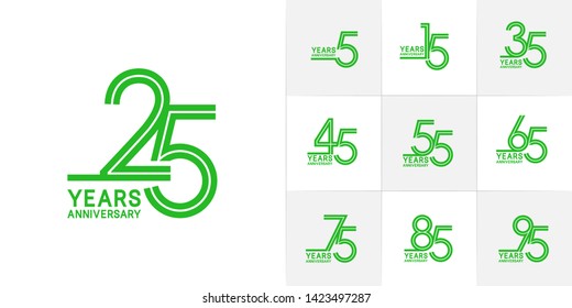 Set of Anniversary vector design with multiple line number green color for celebration event, invitation, greeting, web template, leaflet and booklet