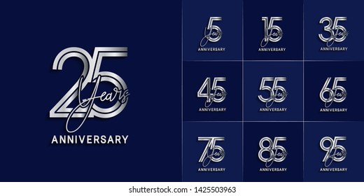 Set of Anniversary vector design with multiple line number silver color for celebration event, invitation, greeting, web template, leaflet and booklet