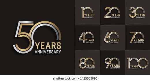 Set of Anniversary vector design with multiple line number silver and golden color for celebration event, invitation, greeting, web template, leaflet and booklet