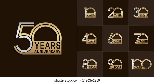 Set of Anniversary vector design with multiple line number silver and golden color for celebration event, invitation, greeting, web template, leaflet and booklet