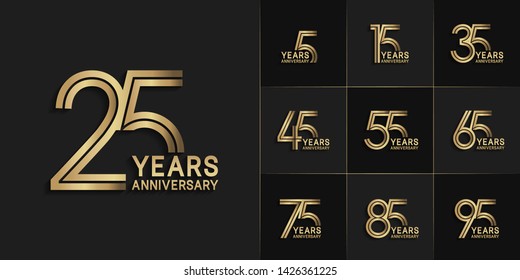 Set of Anniversary vector design with multiple line number golden color for celebration event, invitation, greeting, web template, leaflet and booklet