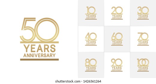 Set of Anniversary vector design with multiple line number golden color for celebration event, invitation, greeting, web template, leaflet and booklet