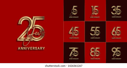 Set of Anniversary vector design with multiple line number gold color for celebration event, invitation, greeting, web template, leaflet and booklet