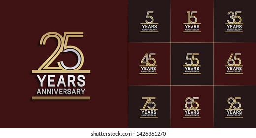 Set of Anniversary vector design with multiple line number silver and golden color for celebration event, invitation, greeting, web template, leaflet and booklet