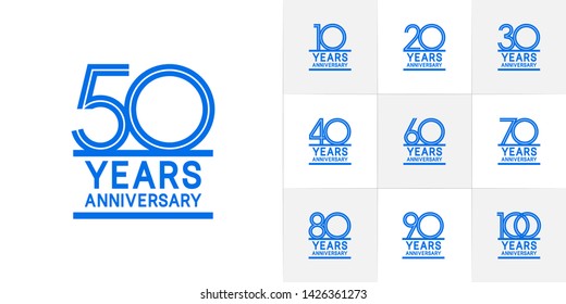 Set of Anniversary vector design with multiple line number blue color for celebration event, invitation, greeting, web template, leaflet and booklet