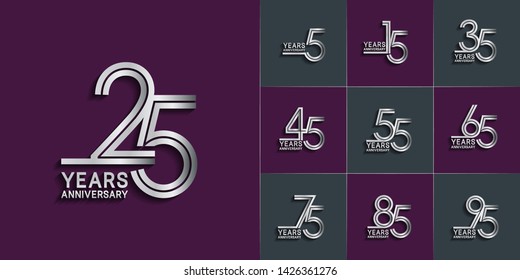 Set of Anniversary vector design with multiple line number silver color for celebration event, invitation, greeting, web template, leaflet and booklet