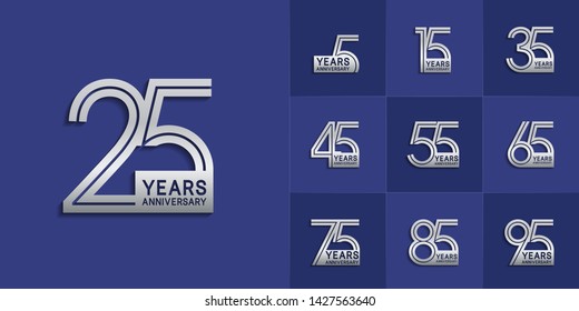 Set of Anniversary vector design with multiple line number silver color for celebration event, invitation, greeting, web template, leaflet and booklet