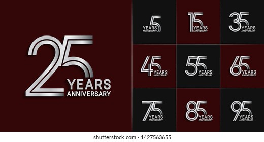 Set of Anniversary vector design with multiple line number silver color for celebration event, invitation, greeting, web template, leaflet and booklet