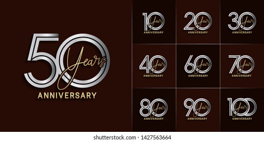 Set of Anniversary vector design with multiple line number silver and gold color for celebration event, invitation, greeting, web template, leaflet and booklet