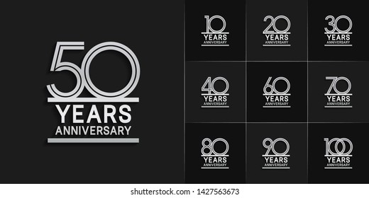 Set of Anniversary vector design with multiple line number silver color for celebration event, invitation, greeting, web template, leaflet and booklet