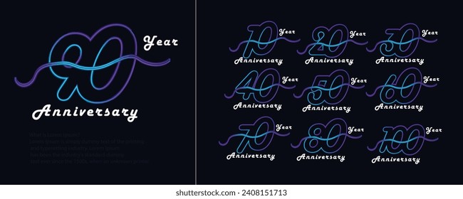 Set of Anniversary vector design with multiple line number neon color for celebration event, invitation, greeting, web template, leaflet and booklet