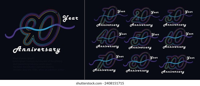 Set of Anniversary vector design with multiple line number neon color for celebration event, invitation, greeting, web template, leaflet and booklet