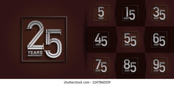 set of anniversary vector design silver color on square isolated on brown background for celebration