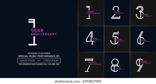 set of anniversary white and purple color with dark color background for special celebration event