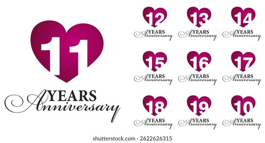 Set of Anniversary years from 10 to 19. Vector creative design emblems with negative space numbers love red color heart for celebration event, invitation, greeting
