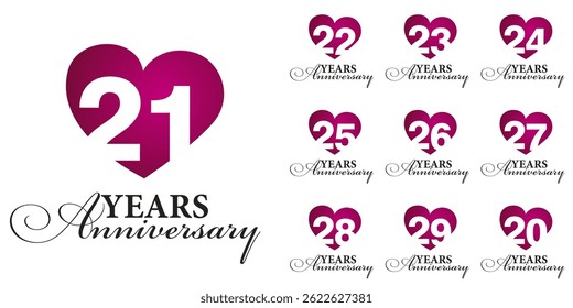 Set of Anniversary years from 20 to 29. Vector creative design emblems with negative space numbers love red color heart for celebration event, invitation, greeting