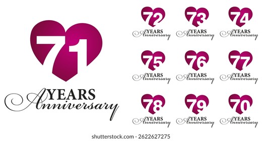 Set of Anniversary years from 70 to 79. Vector creative design emblems with negative space numbers love red color heart for celebration event, invitation, greeting