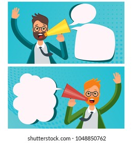 Set of announcement banners in style of comics. Man with megaphone for sounding important news. Flat vector cartoon illustration. Objects isolated on white background.