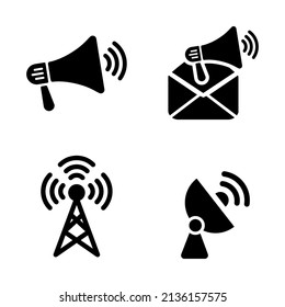 Set aus Ankündigung und Broadcast-Symbol in schwarzem Design einzeln auf weißem Hintergrund