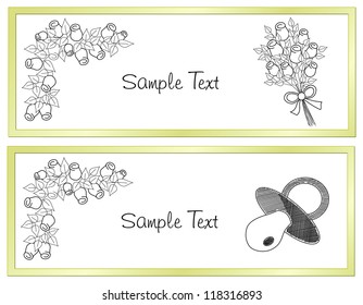 Set announcement cards about baby or wedding. Wedding card. Rose decoration. Gold card. Rose cartoon. Birthday notice. Wedding notice. Vector card. Elegant notice. Simply card. Baby pacifier. Dummy.