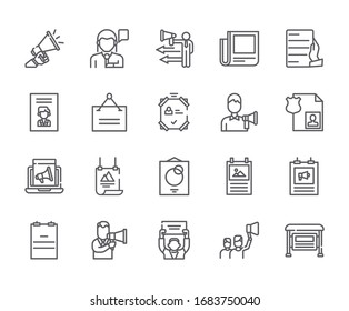 Conjunto de iconos de línea de vectores relacionados con el anuncio. Incluye Iconos como información, notificación, artículo, publicidad y más.