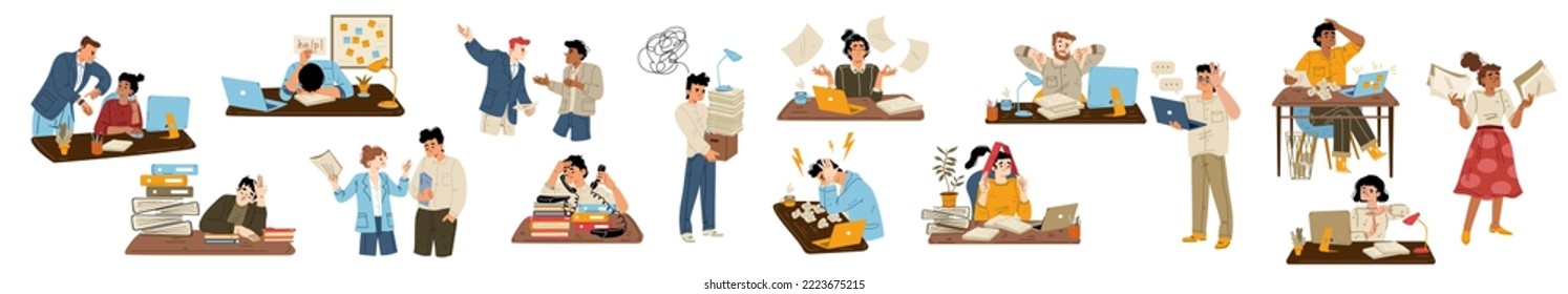 Set of annoyed people at work flat vector illustration on white. Scenes with office employees tired of stressful job, colleagues having conflict, angry boss yelling, man fired, woman suffering burnout