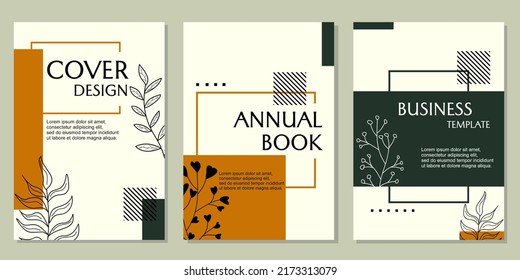 set of annual book cover templates. geometric background with hand drawn leaf elements. for catalogs, brochures, presentations