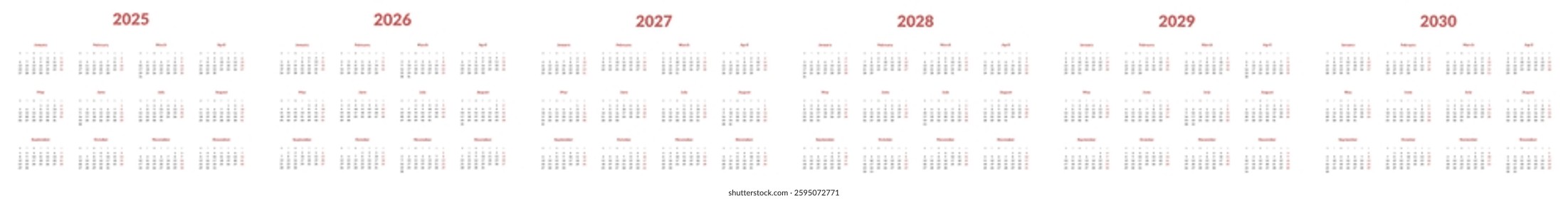 Set of annual Calendar Templates 2025, 2026, 2027, 2028, 2029, 2030. Vector layout of wall or desk simple calendar with week start on Monday. Weekends highlighted in red. Page A4-21x29.7cm for print