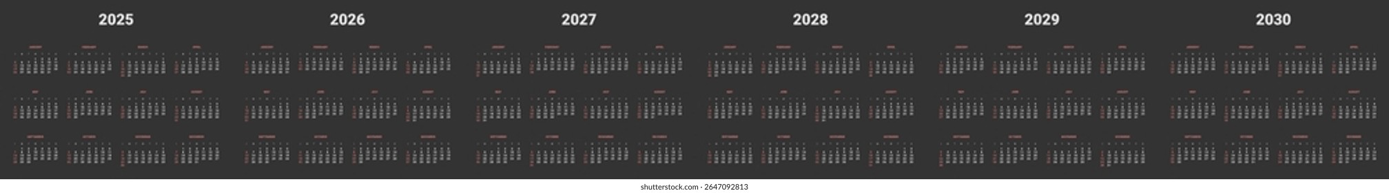 Conjunto de Modelos de Calendário anuais 2026, 2027, 2028, 2029, 2030 em cor escura. Layout vetorial de calendário mínimo simples com início de semana no domingo. Fins de semana destacados em vermelho.