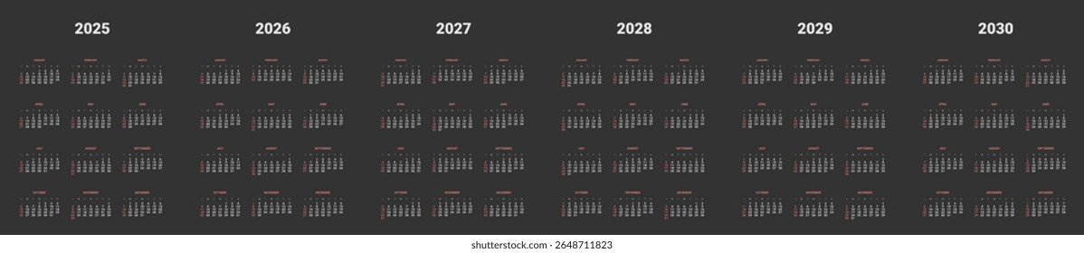 Conjunto de Modelos de Calendário anuais 2026, 2027, 2028, 2029, 2030 em cor escura. Layout vetorial de calendário mínimo simples com início de semana no domingo. Fins de semana destacados em vermelho. Tamanho das páginas A4 -21x29,7