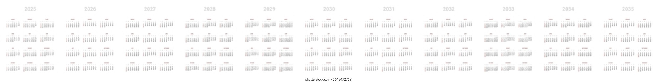 Conjunto de Modelos de Calendário anuais em 2025, 2026, 2027, 2028, 2029, 2030, 2031, 2032, 2033, 2034, 2035. Layout vetorial de calendários em dez anos com início de semana no domingo. Fins de semana destacados em vermelho.