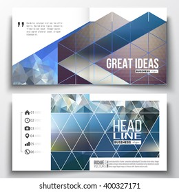 Set of annual report business templates for brochure, magazine, flyer or booklet. Abstract colorful polygonal background with blurred image on it, modern stylish triangle vector texture. 