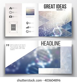 Set of annual report business templates for brochure, magazine, flyer or booklet. DNA molecule structure on a blue background. Science vector background.