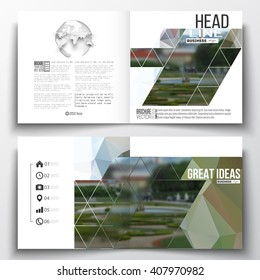 Set of annual report business templates for brochure, magazine, flyer or booklet. Abstract background, blurred image, park landscape, modern stylish vector texture.