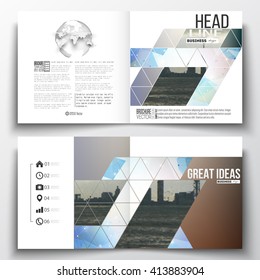 Set of annual report business templates for brochure, magazine, flyer or booklet. Abstract colorful polygonal backdrop with blurred image, modern stylish triangular vector texture.