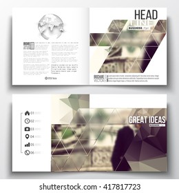 Set of annual report business templates for brochure, magazine, flyer or booklet. Polygonal background, blurred image, vacation, travel, tourism. Modern triangular vector texture.